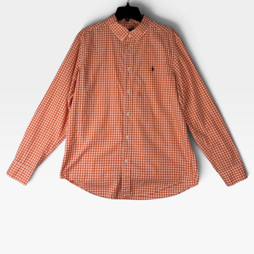 Ralph Lauren Button Down Gingham Shirt Boys XL 18-20 Orange White Check Exc